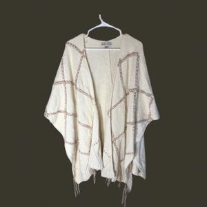 Knox Rose Cream Boho Knit Poncho Fringe Shawl | XL
